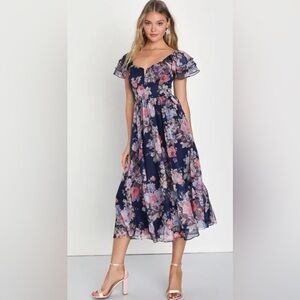 Lulus Lavish Occasions Navy Blue Floral Print Ruffled Midi Dress